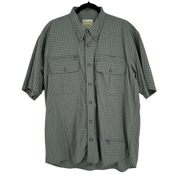 Cabelas Button Up Short Sleeve Shirt L Zipper Pocket Blue Plaid - Picture 1 of 11